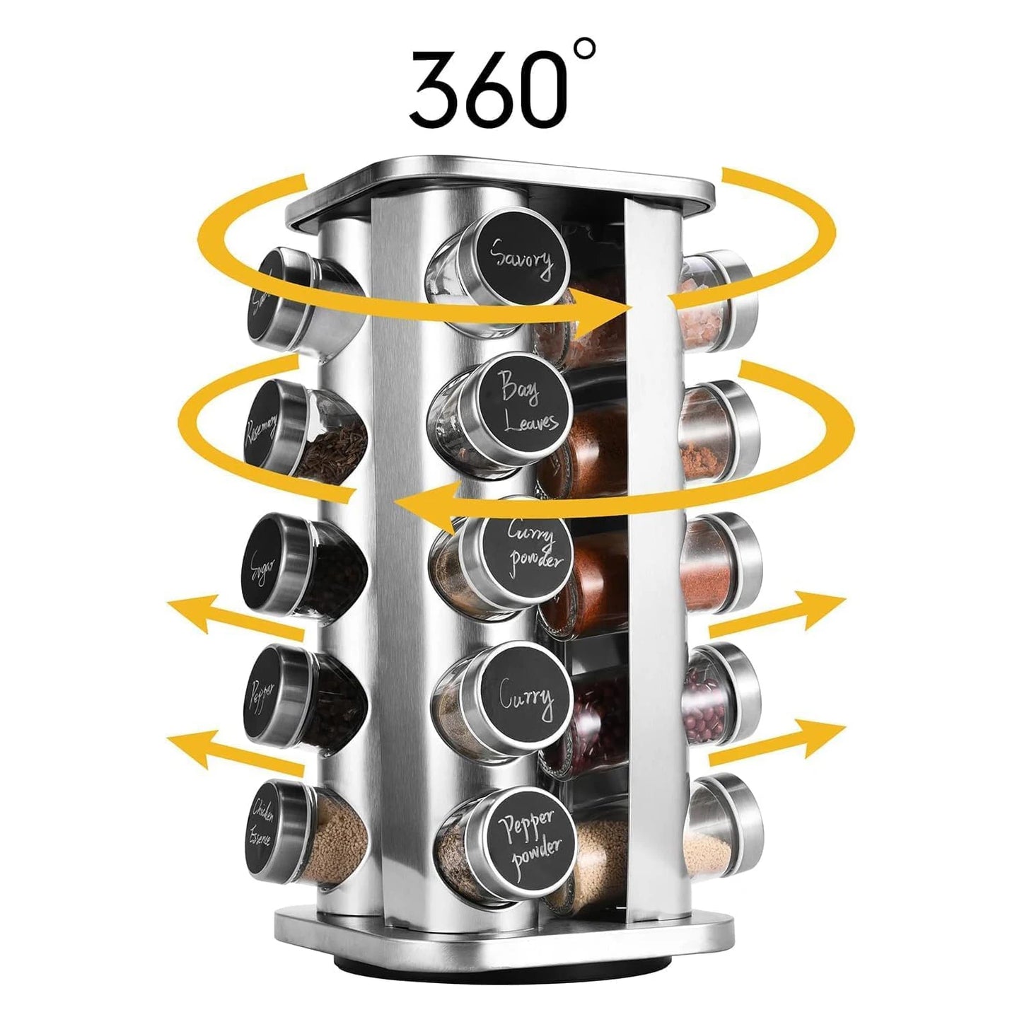 360° Obrotowy stojak na przyprawy ze słoiczkami – 20 sztuk, stal nierdzewna
