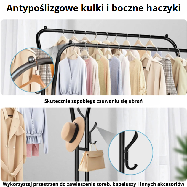 Wieszak na ubrania z podwójnym drążkiem i półkami – metalowy
