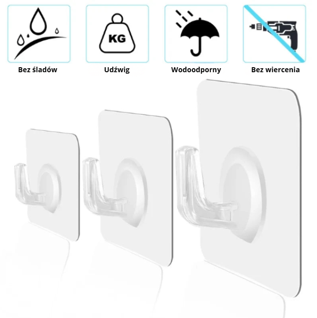Samoprzylepne haczyki przezroczyste 6×6 cm – mocne, bezinwazyjne, wielorazowe